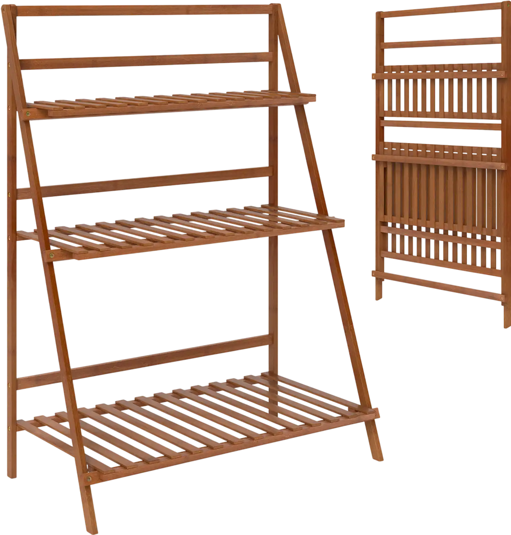Three-tier foldable bamboo ladder shelf in brown, ideal for plants and storage, featuring a stable trapezoidal design.