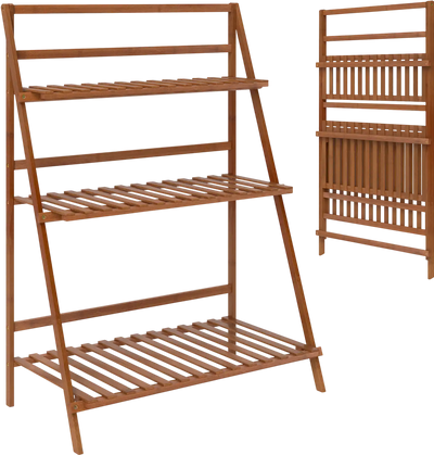Costway 3-Tier Foldable Bamboo Plant Stand Ladder Shelf 89674052 New