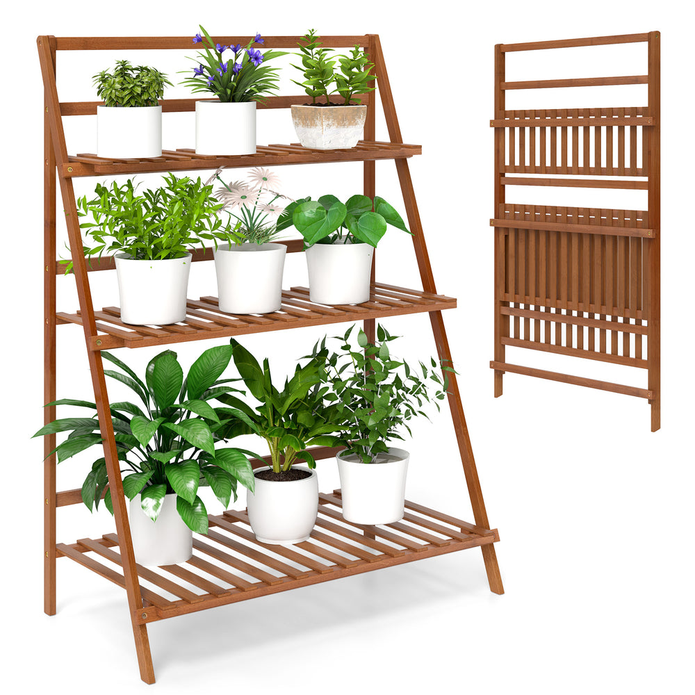 3-tier bamboo ladder shelf in brown, featuring a foldable design for indoor or outdoor plant display and storage.