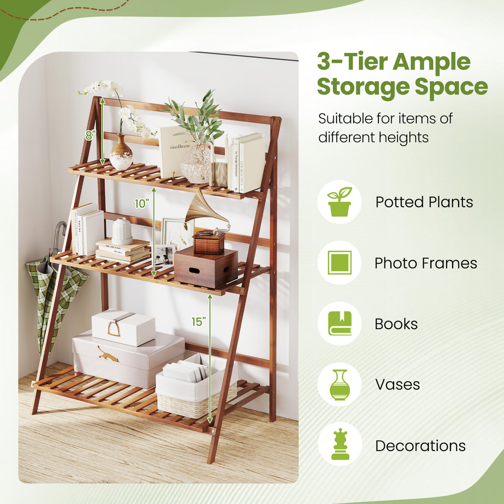 3-tier bamboo ladder shelf in brown, ideal for plants and books, featuring a foldable design for easy storage.