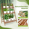 3-tier brown bamboo ladder shelf with a foldable design, perfect for indoor and outdoor plant display and storage.