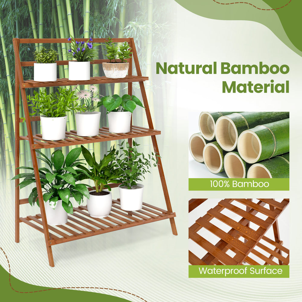 3-tier brown bamboo ladder shelf with a foldable design, perfect for indoor and outdoor plant display and storage.
