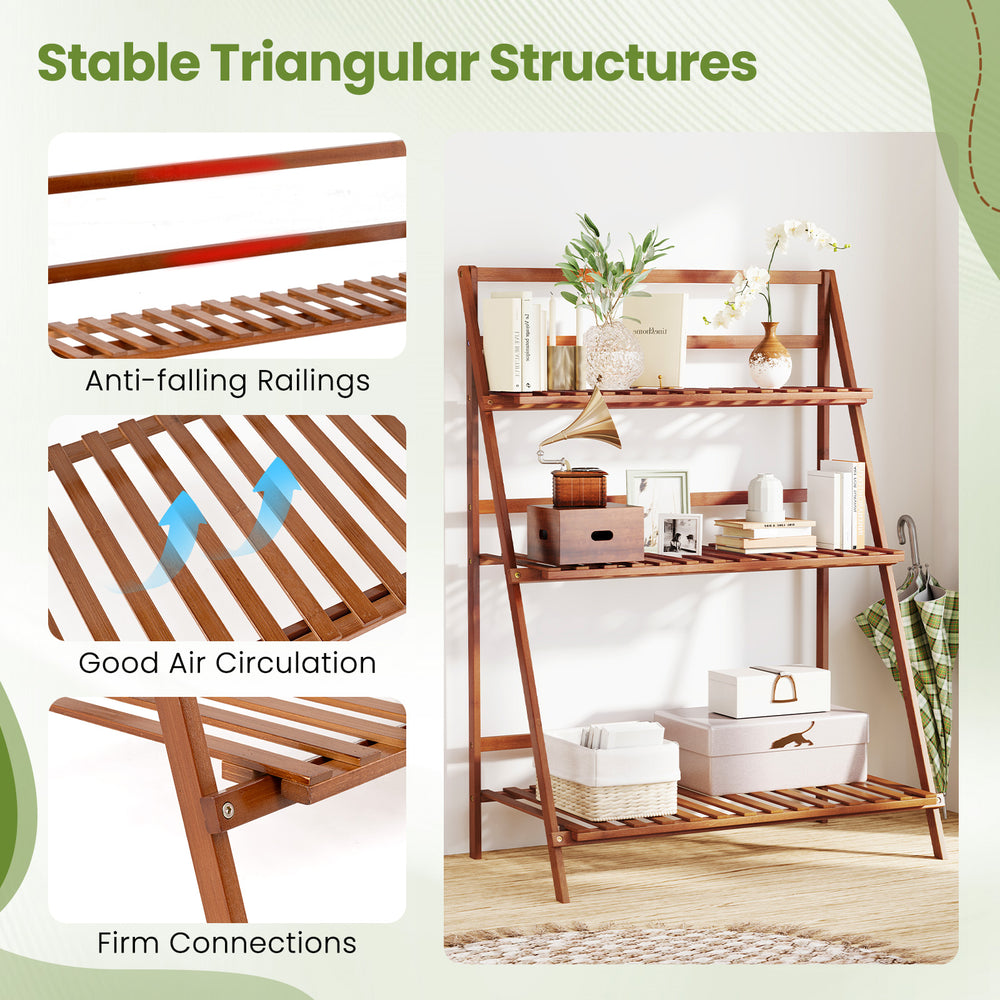 3-tier brown bamboo ladder shelf with triangular structure, ideal for indoor and outdoor plant display and storage.