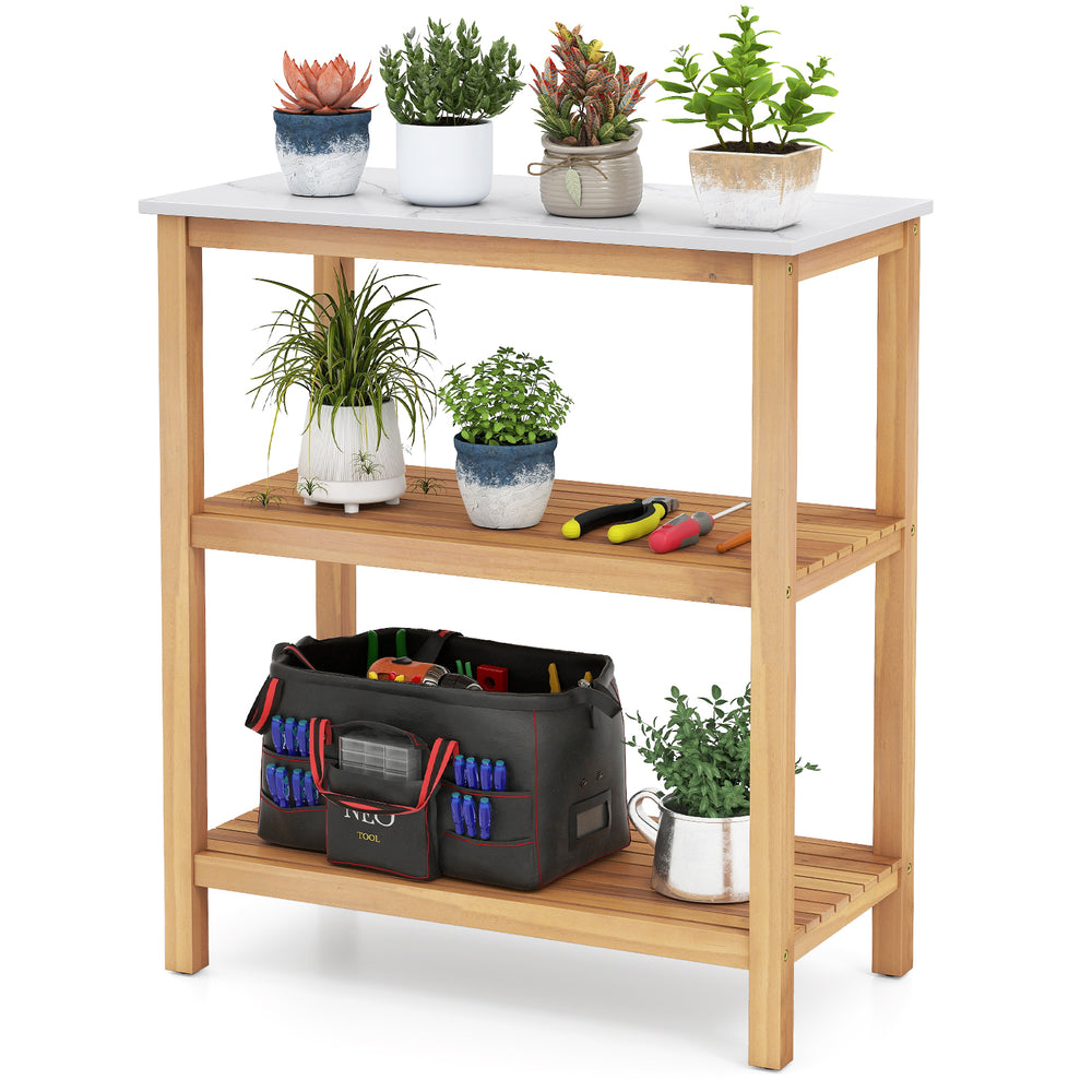 3-tier garden potting bench table with acacia wood frame and marble-like countertop, ideal for backyard and gardening.