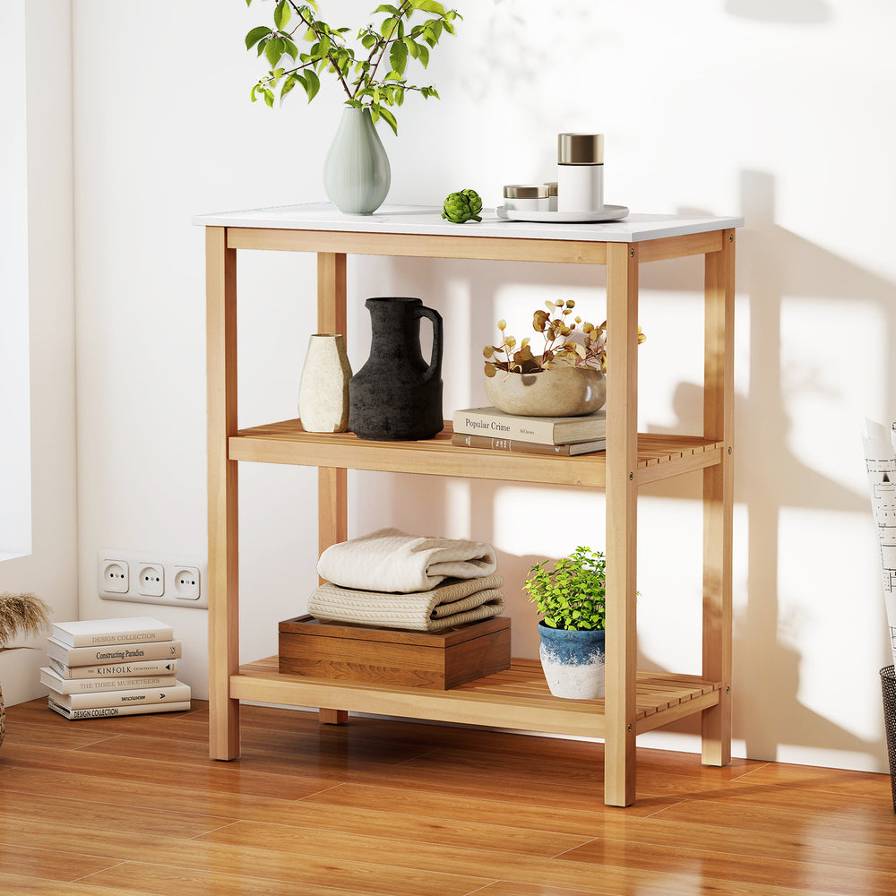 3-tier garden potting bench table featuring a marble-like countertop and acacia wood frame, perfect for entryway.