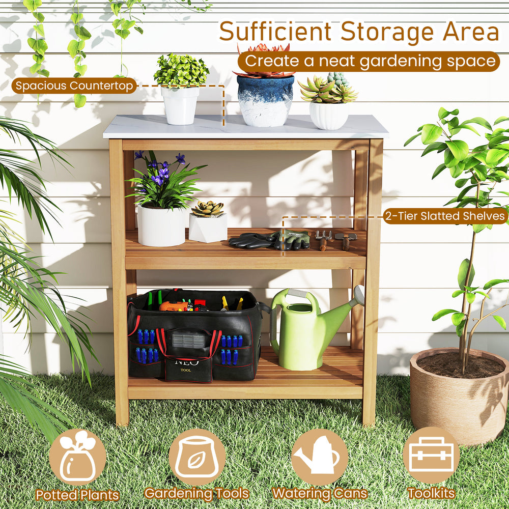 3-tier garden potting bench table with marble-like countertop, acacia wood frame, ideal for backyard and gardening.