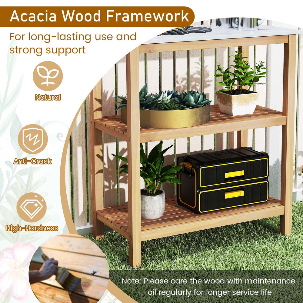 3-tier garden potting bench table with acacia wood frame and marble-like countertop, ideal for backyard and garden use.