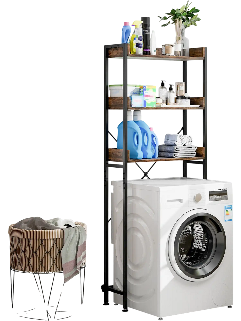 Over the toilet storage rack in rustic brown with three shelves, hooks, and adjustable bottom bar for versatile storage.