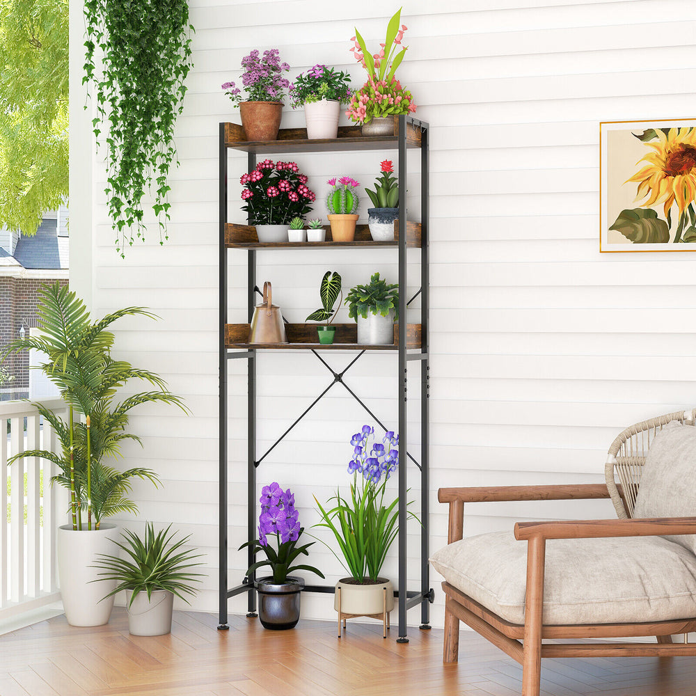 Rustic brown over-the-toilet storage rack with three shelves and hooks, ideal for maximizing vertical space in.