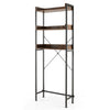 Rustic brown over-the-toilet storage rack with three shelves, adjustable bottom bar, and side hooks for versatile.