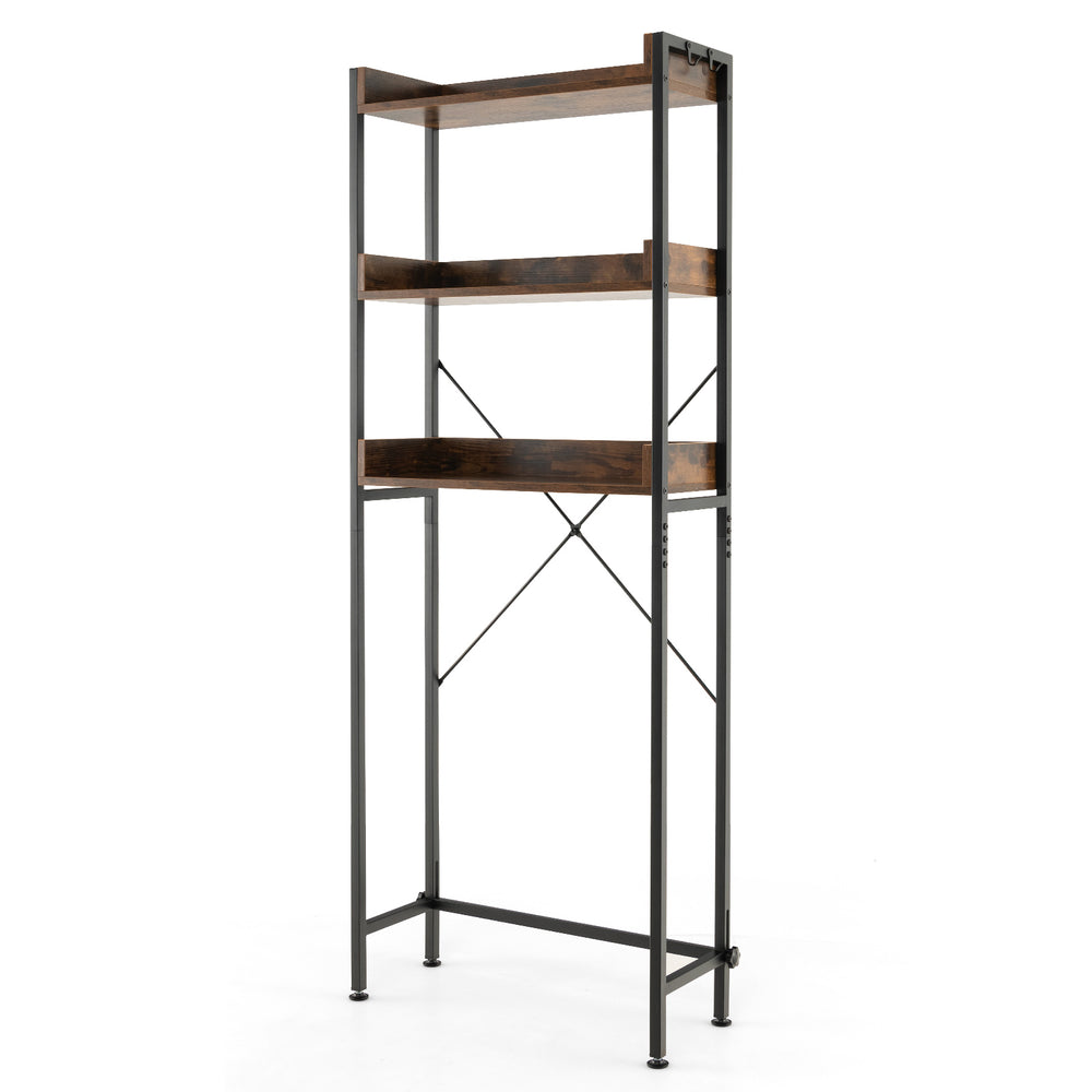 Rustic brown over-the-toilet storage rack with three shelves, adjustable bottom bar, and side hooks for versatile.