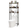 Over the toilet storage rack in rustic brown with three shelves and hooks, ideal for maximizing bathroom space.