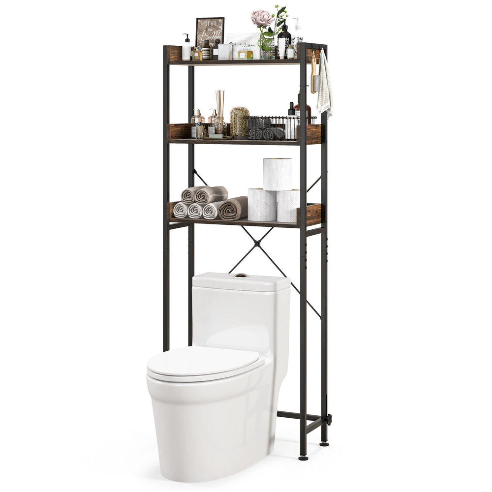 Over the toilet storage rack in rustic brown with three shelves and hooks, ideal for maximizing bathroom space.
