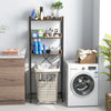 Over the toilet storage rack in rustic brown with three shelves, hooks, and adjustable bottom bar for versatile.