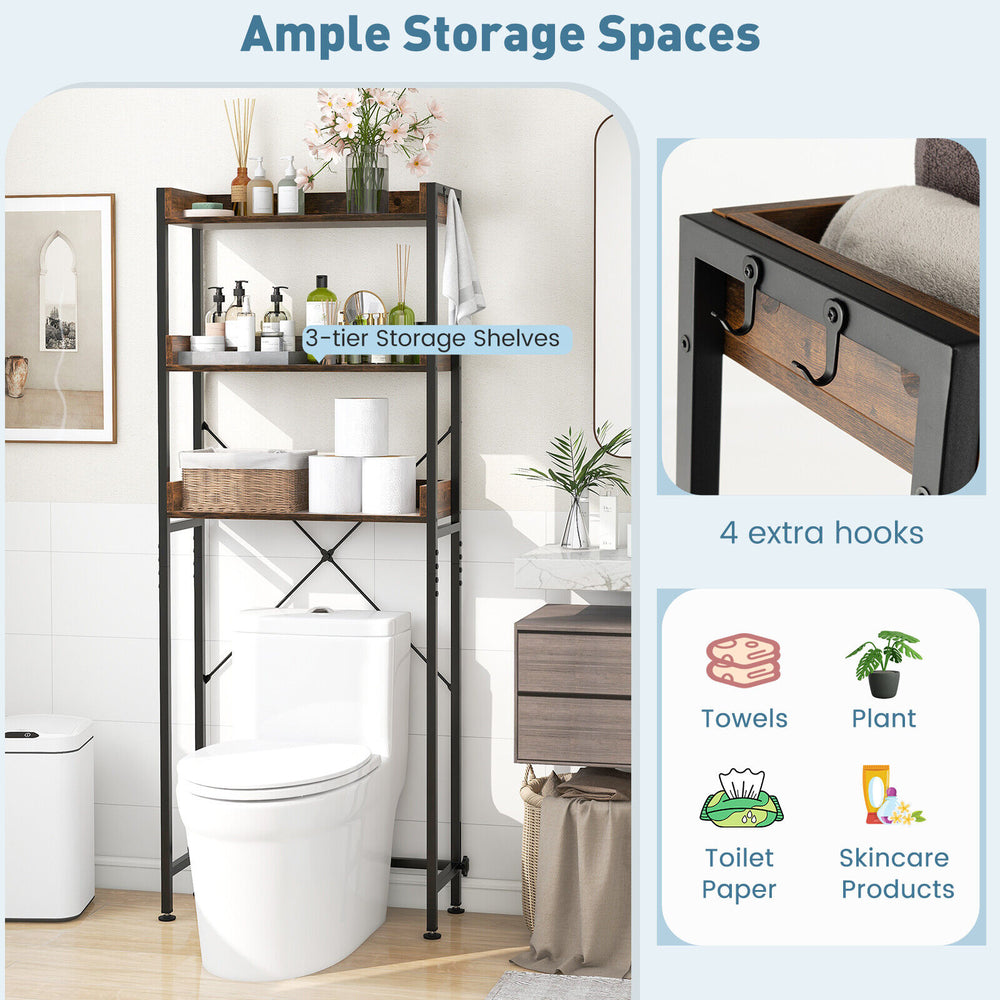 3-tier Over The Toilet Storage Rack in rustic brown with hooks, perfect for maximizing bathroom space and organizing.