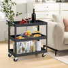 3-tier black metal utility cart with handle, holding wine, fruits, and snacks, ideal for home or office use.