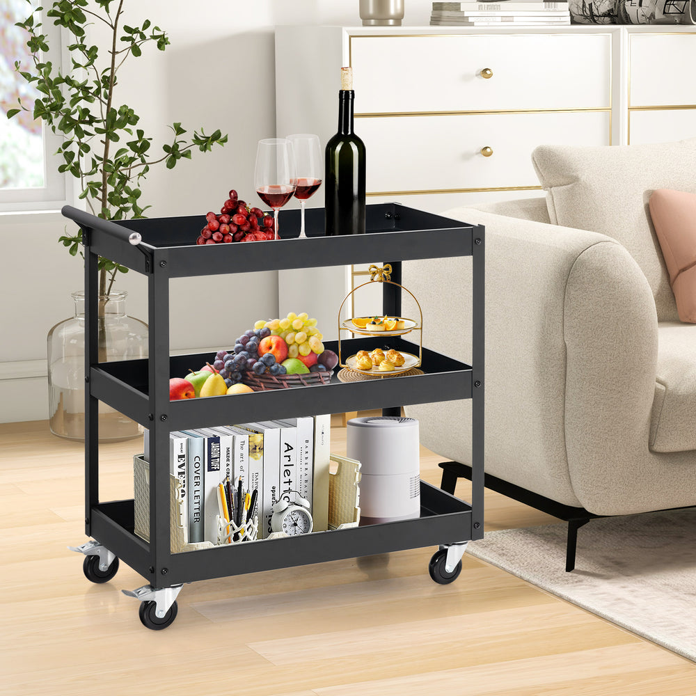 3-Tier Utility Cart Rolling Metal Cart with Handle and Universal Wheels-Black - Gallery View 1 of 10