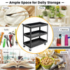 3-tier black utility cart with wheels, ideal for storage of tools, snacks, and toiletries in homes or offices.