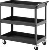 3-tier black metal utility cart with handle and wheels, ideal for versatile storage in homes and offices.