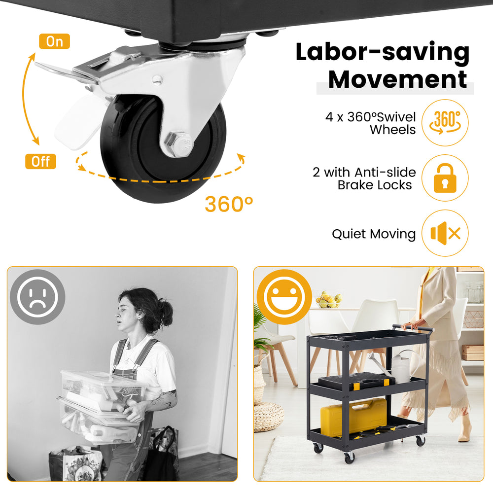 3-tier black metal utility cart with 360° swivel wheels and ergonomic handle for easy transport and storage.