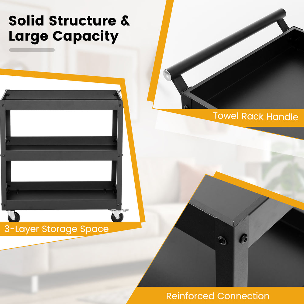 3-tier black metal utility cart with ergonomic handle, reinforced connection, and 360° rotating wheels for versatile.