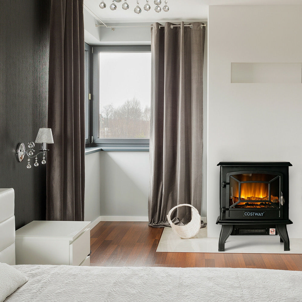 Freestanding black electric fireplace heater showcasing the realistic flame effect and compact design, perfect for cozy.