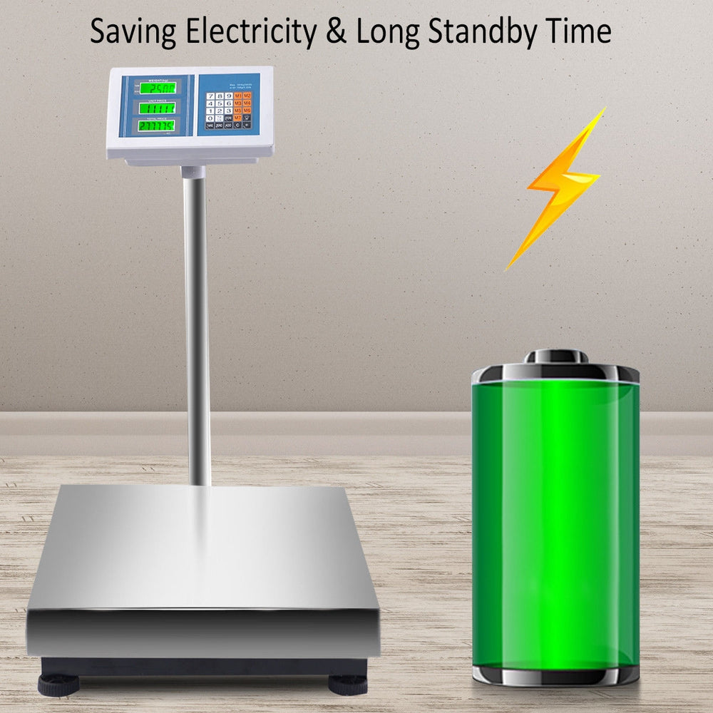 Digital floor platform scale with stainless steel design, 660 lbs capacity, ideal for postal and industrial weighing.