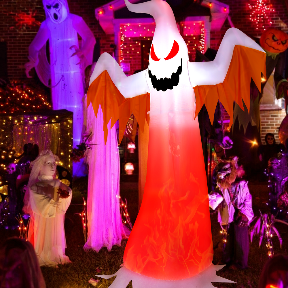 8-foot Halloween inflatable ghost with rotatable flame LED lights, featuring a scary expression for a terrifying.