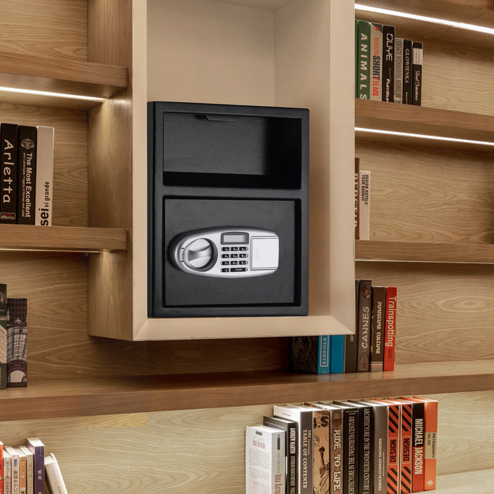 Front view of the Digital Deposit Safe Box with a secure deposit slot, constructed from 3 mm thick solid steel for.