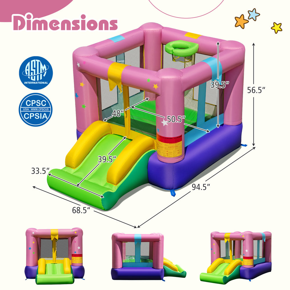 Inflatable bounce house with slide and basketball hoop, made of durable 420D oxford cloth, for indoor and outdoor fun.