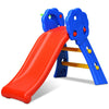 Colorful 2-step indoor kids plastic folding slide with basketball hoop, designed for safety and motor skill development.
