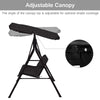 Adjustable canopy on the black steel frame loveseat swing glider for optimal shade and comfort in outdoor settings.