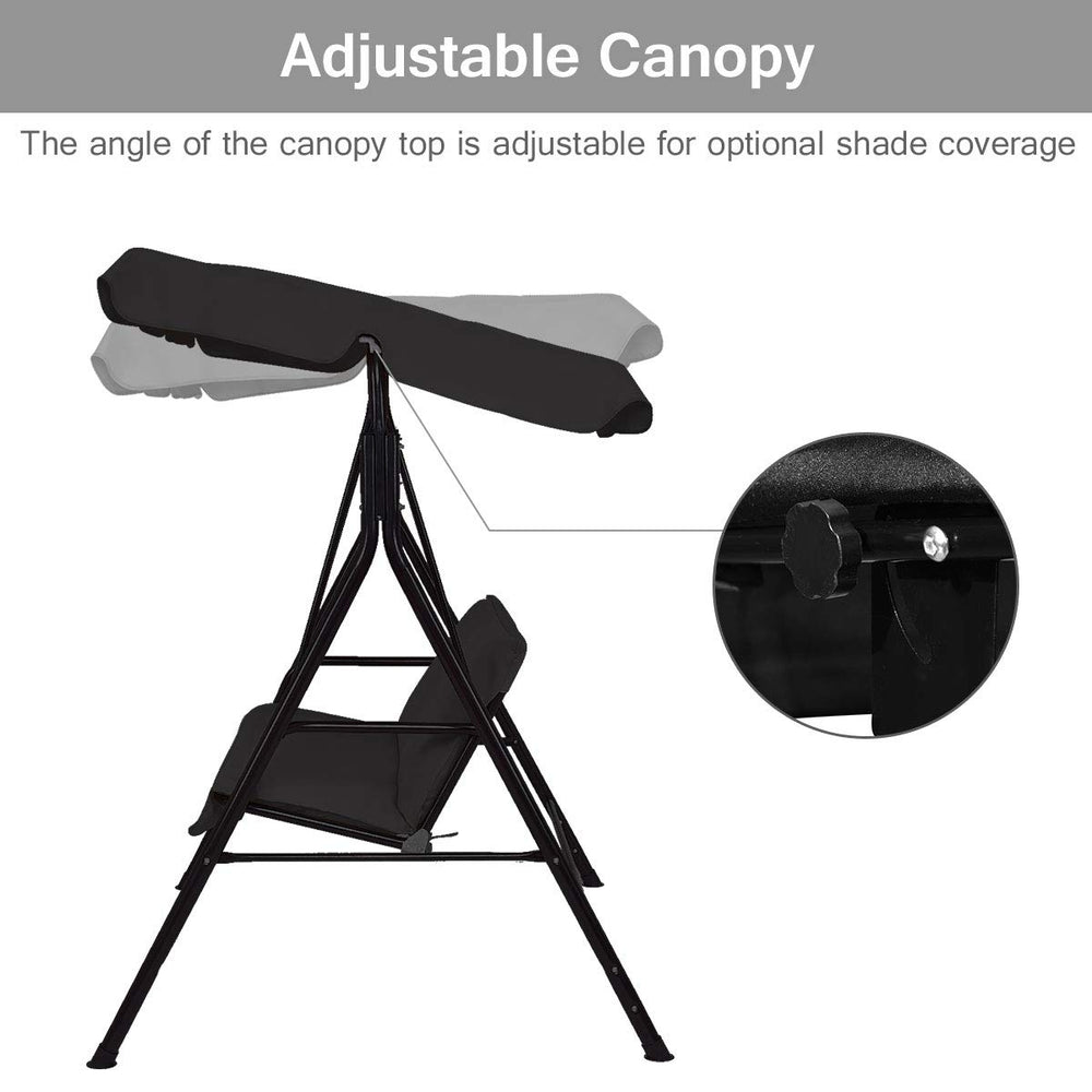 Adjustable canopy on the black steel frame loveseat swing glider for optimal shade and comfort in outdoor settings.
