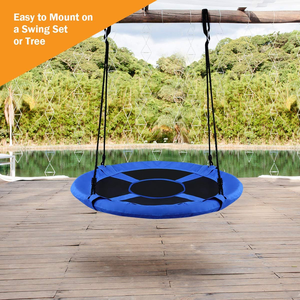 Blue 40-inch flying saucer tree swing with adjustable ropes, perfect for outdoor play and relaxation for kids.