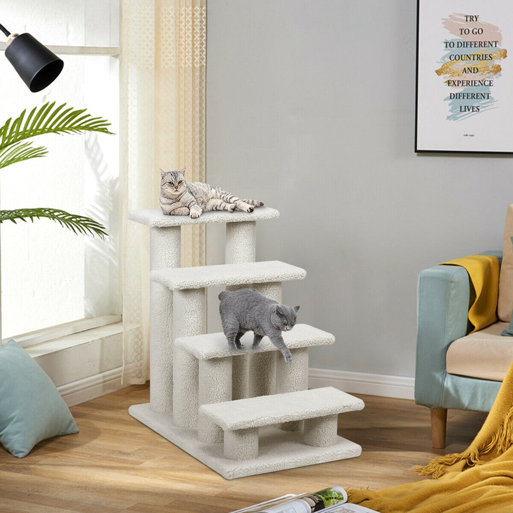 4-Step Pet Stairs Carpeted Ladder Ramp Scratching Post Cat Tree Climber-Beige - Gallery View 1 of 10