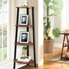 4-tier corner shelf in black metal and wood, ideal for compact spaces, perfect for books and decor in any room.