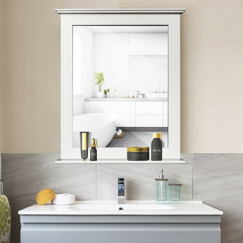 Wall-mounted white vanity mirror with shelf, made of MDF, ideal for bathroom or living room storage and decoration.