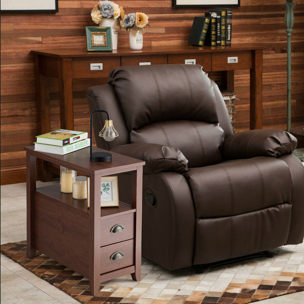 Compact brown end table with two drawers and shelf, ideal for bedroom or living room storage and decor.