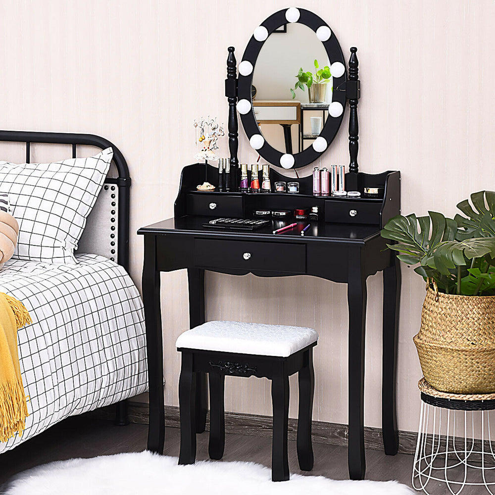 Oval Mirror Vanity Set  with 10 LED Dimmable Bulbs and 3 Drawers-Black - Gallery View 1 of 12