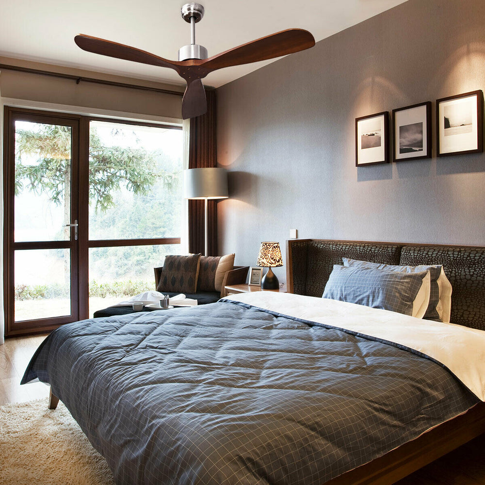 52-inch modern ceiling fan with brushed nickel finish and solid wood blades, ideal for bedrooms and living spaces.