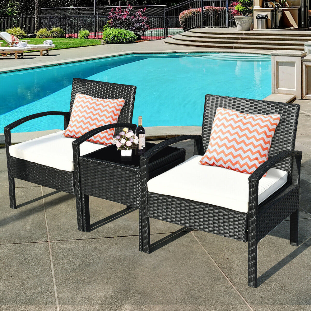 3 Pieces Outdoor Rattan Patio Conversation Set with Seat Cushions-White - Gallery View 1 of 12