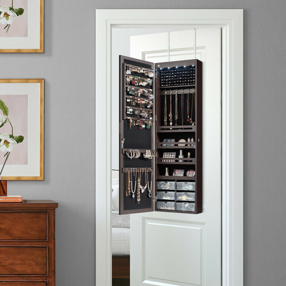 Jewelry armoire with full-length mirror, brown MDF, 5 LED lights, door or wall mounted for organized storage.