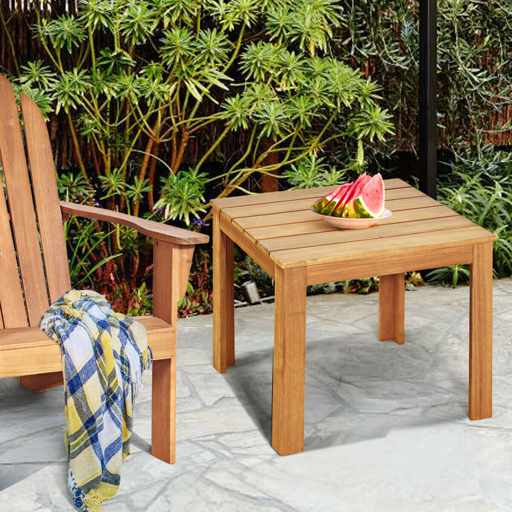 Wooden square patio coffee bistro table in natural acacia wood, perfect for outdoor or indoor use beside chairs or.