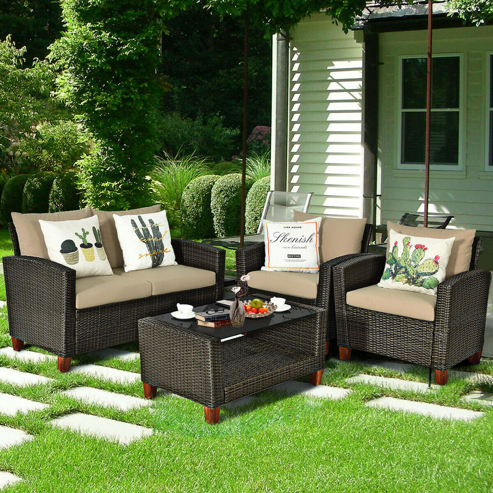 Side view of the 4-piece patio rattan furniture set, showcasing the stylish design and comfortable cushions for outdoor.