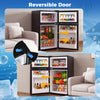 Mini fridge with reversible door, 3.2 cu.ft capacity, adjustable thermostat, ideal for small spaces like dorms.