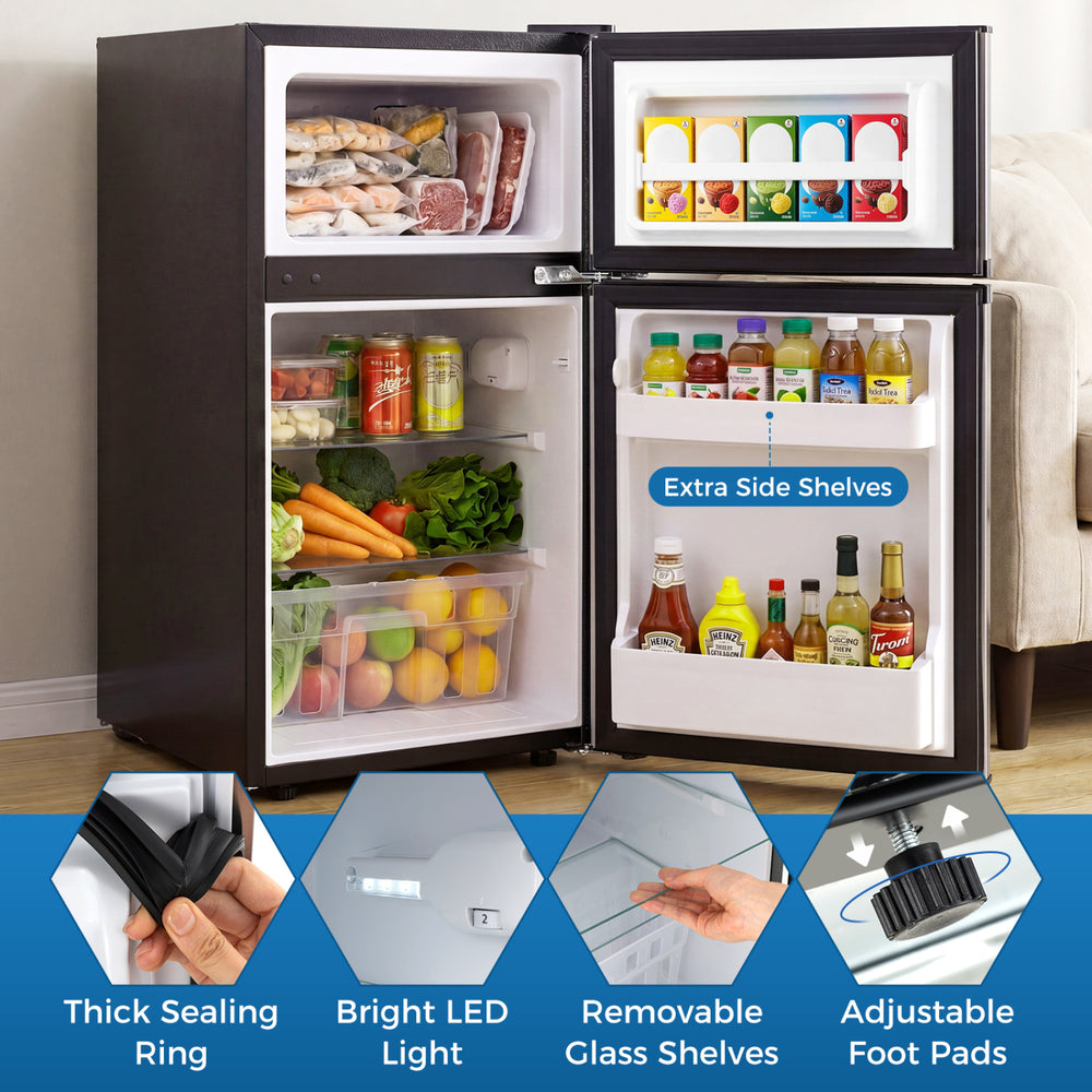 Mini fridge with freezer, adjustable thermostat, removable glass shelves, and bright LED light for compact spaces.
