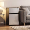 Silver 3.2 Cu.Ft mini fridge with double doors, featuring an adjustable thermostat and LED light for convenience in.