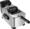 Electric stainless steel deep fryer with timer, 3.2 qt capacity, adjustable temperature, and viewing lid for safe.