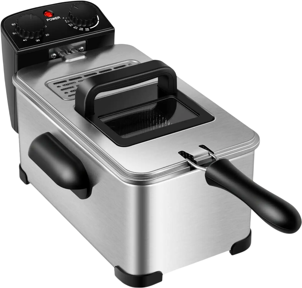 Electric stainless steel deep fryer with timer, 3.2 qt capacity, adjustable temperature, and viewing lid for safe.