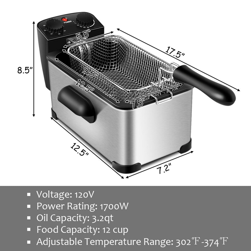 Electric stainless steel deep fryer with 3.2 qt capacity, 1700W, adjustable temperature, and 60-minute timer for crispy.